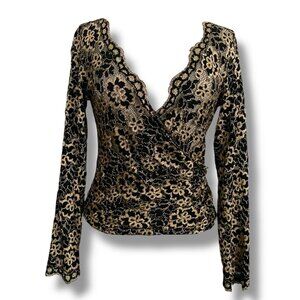 Y2k Vintage 90s Ann Ferriday Top OS Black Gold Metallic Sheer Lace Indie Sleaze